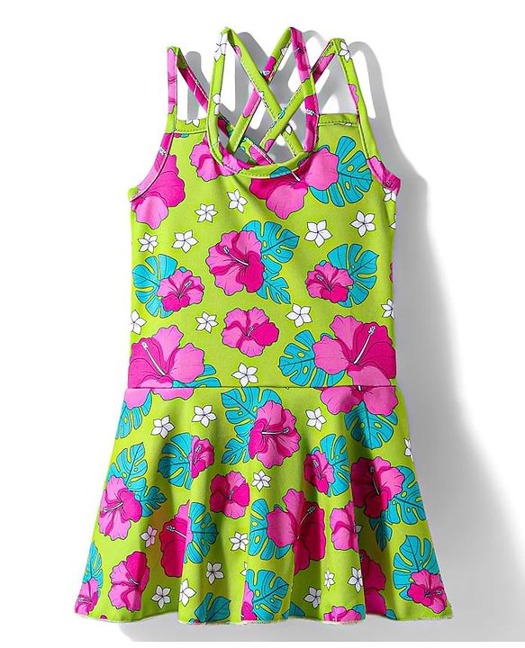 Babyhug Water Repellant Frock Swimsuit With Floral Print - Green