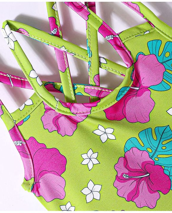 Babyhug Water Repellant Frock Swimsuit With Floral Print - Green