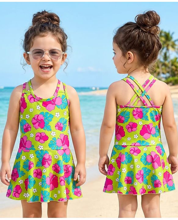Babyhug Water Repellant Frock Swimsuit With Floral Print - Green