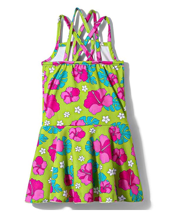 Babyhug Water Repellant Frock Swimsuit With Floral Print - Green