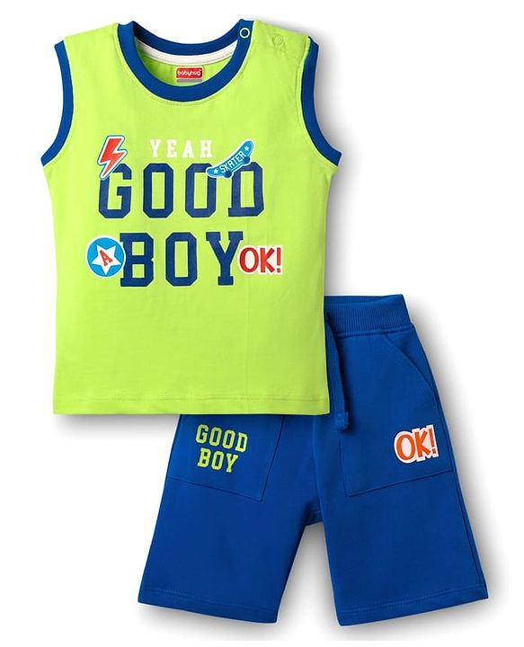 Babyhug Single Jersey Knit Sleeveless Tank T-Shirt & Shorts Set With Text Print - Lime Green & Blue