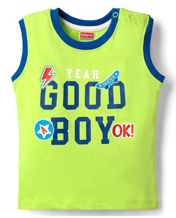 Babyhug Single Jersey Knit Sleeveless Tank T-Shirt & Shorts Set With Text Print - Lime Green & Blue