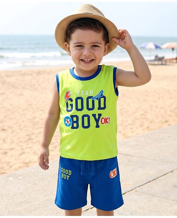 Babyhug Single Jersey Knit Sleeveless Tank T-Shirt & Shorts Set With Text Print - Lime Green & Blue