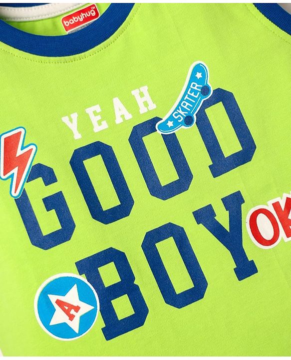 Babyhug Single Jersey Knit Sleeveless Tank T-Shirt & Shorts Set With Text Print - Lime Green & Blue