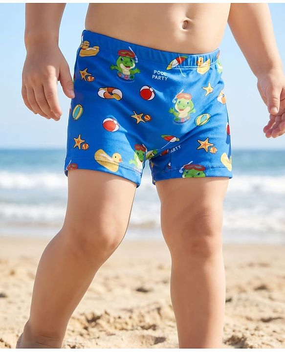 Babyhug Water Above Knee Length Repellent Swimming Trunk with Beach Theme & Animal Print - Blue
