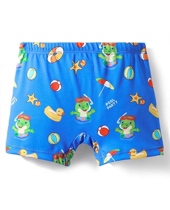 Babyhug Water Above Knee Length Repellent Swimming Trunk with Beach Theme & Animal Print - Blue