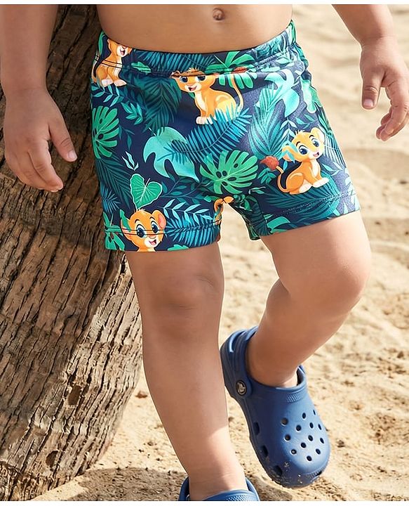 Babyhug Above Knee Length Water Repellant Swimming Trunk With Lion & Leaves Print - Green