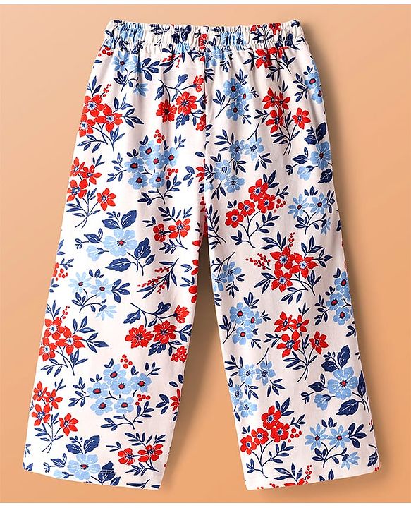 Pine Kids Cotton Knit Half Sleeves Co-ords Capri Night Suit with Floral Print - White