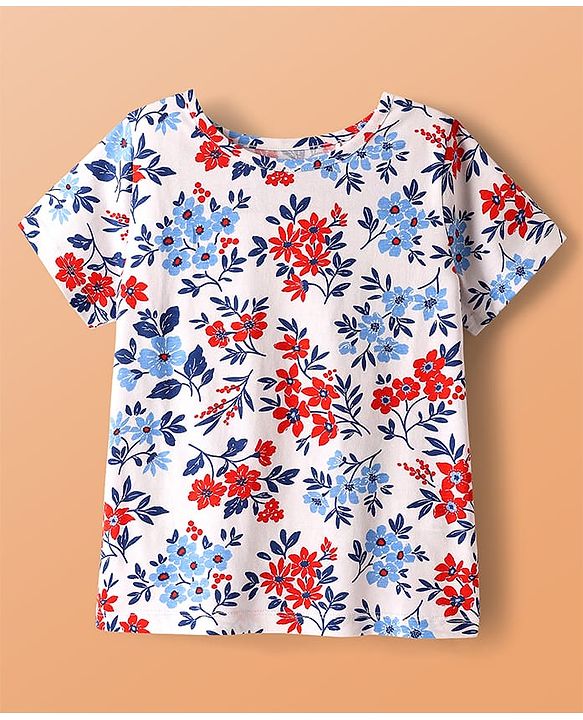 Pine Kids Cotton Knit Half Sleeves Co-ords Capri Night Suit with Floral Print - White
