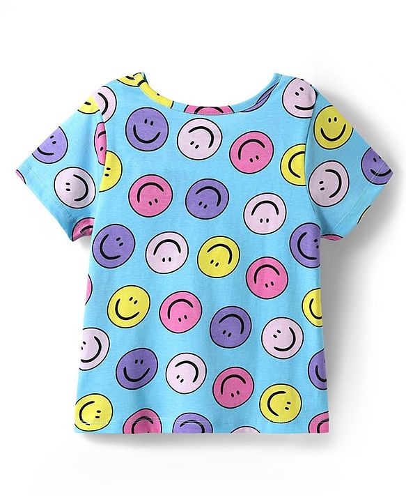 Pine Kids Cotton Knit Half Sleeves Capri Night Suit With  Smiley Print - Light Blue