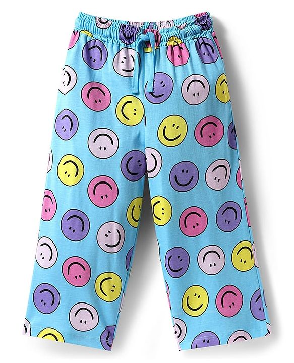 Pine Kids Cotton Knit Half Sleeves Capri Night Suit With  Smiley Print - Light Blue