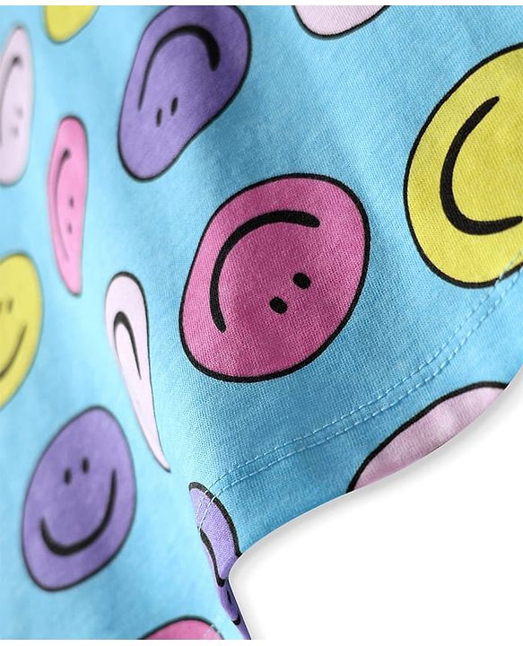Pine Kids Cotton Knit Half Sleeves Capri Night Suit With  Smiley Print - Light Blue