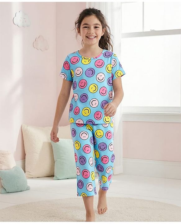 Pine Kids Cotton Knit Half Sleeves Capri Night Suit With  Smiley Print - Light Blue