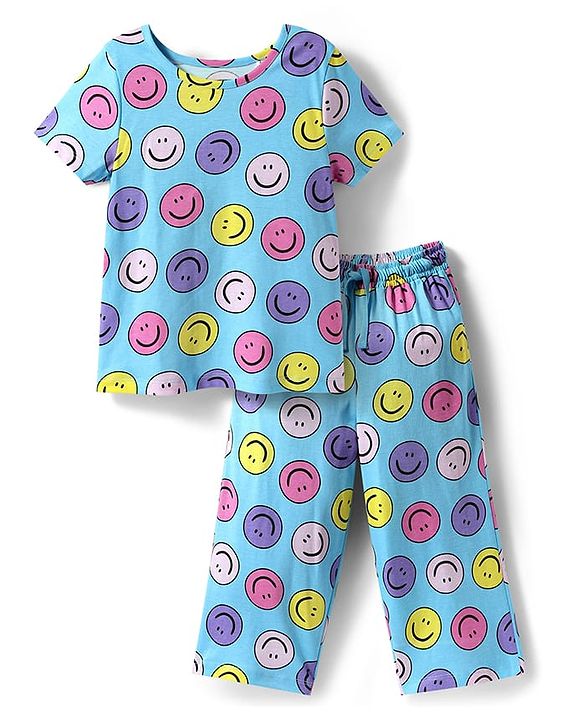 Pine Kids Cotton Knit Half Sleeves Capri Night Suit With  Smiley Print - Light Blue
