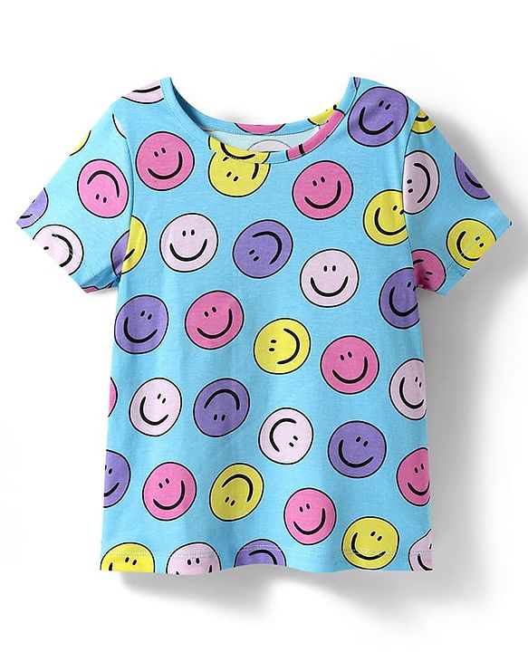 Pine Kids Cotton Knit Half Sleeves Capri Night Suit With  Smiley Print - Light Blue