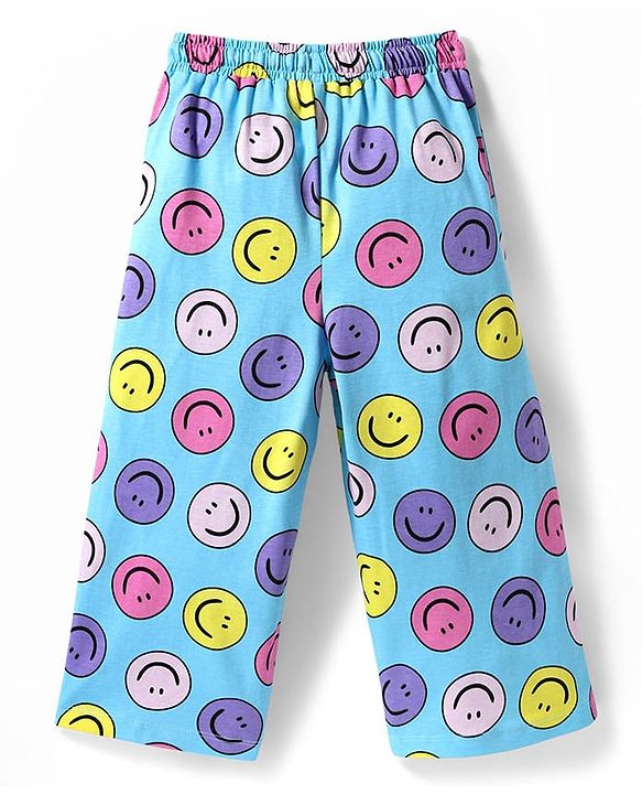 Pine Kids Cotton Knit Half Sleeves Capri Night Suit With  Smiley Print - Light Blue