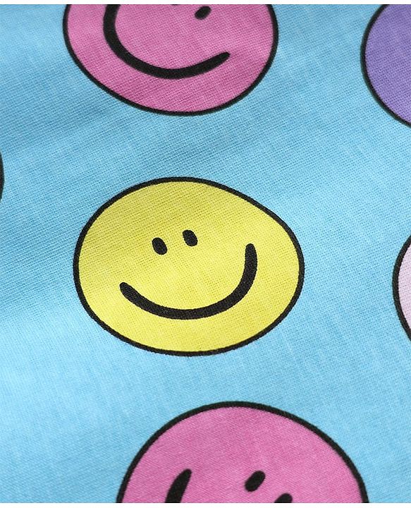 Pine Kids Cotton Knit Half Sleeves Capri Night Suit With  Smiley Print - Light Blue