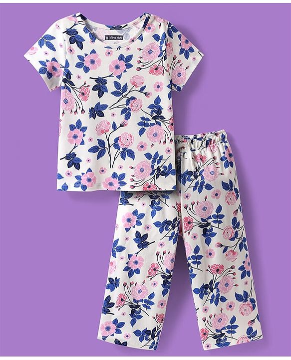 Pine Kids Cotton Knit Half Sleeves  Capri Night Suit With Floral Print - White