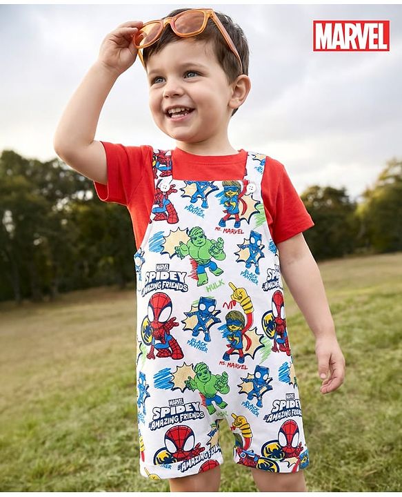 Babyhug Marvel Single Jersey Knit Dungaree & Half Sleeves T-Shirt With Spider-Man Graphics - White & Red