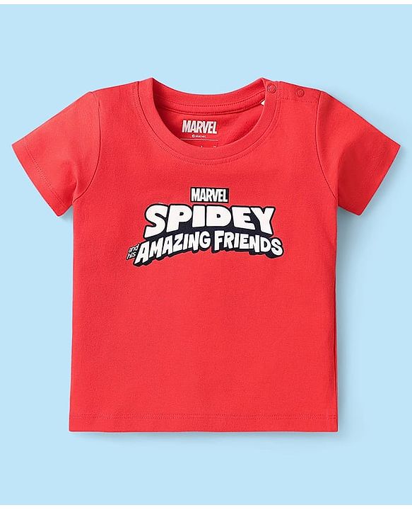 Babyhug Marvel Single Jersey Knit Dungaree & Half Sleeves T-Shirt With Spider-Man Graphics - White & Red