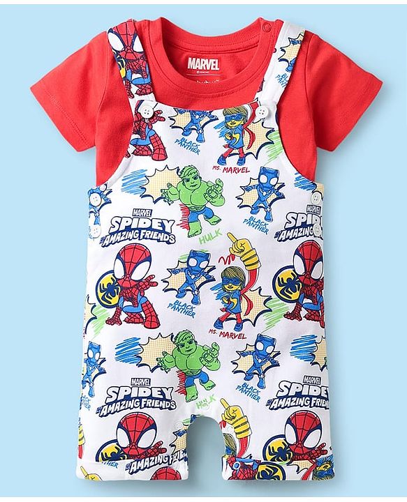 Babyhug Marvel Single Jersey Knit Dungaree & Half Sleeves T-Shirt With Spider-Man Graphics - White & Red