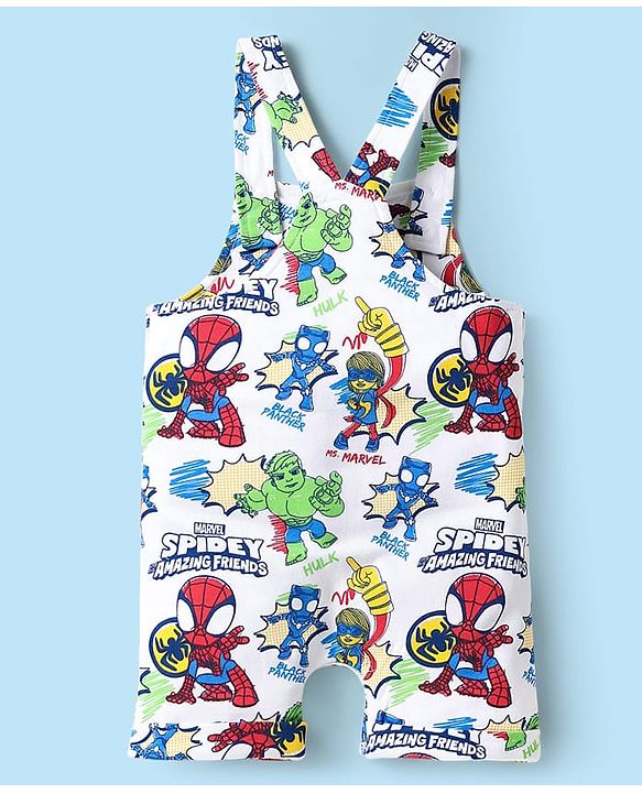Babyhug Marvel Single Jersey Knit Dungaree & Half Sleeves T-Shirt With Spider-Man Graphics - White & Red