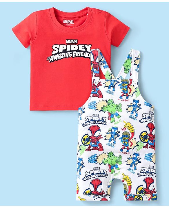 Babyhug Marvel Single Jersey Knit Dungaree & Half Sleeves T-Shirt With Spider-Man Graphics - White & Red