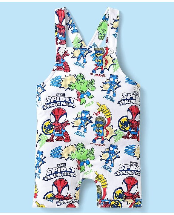 Babyhug Marvel Single Jersey Knit Dungaree & Half Sleeves T-Shirt With Spider-Man Graphics - White & Red
