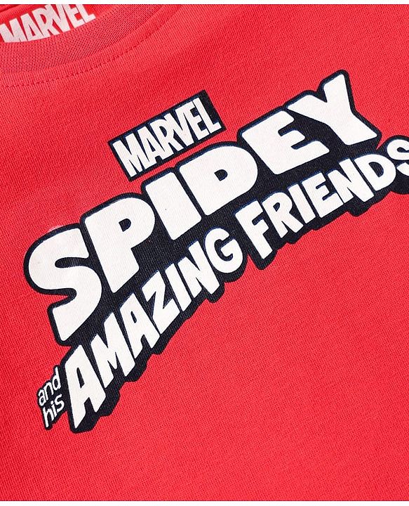 Babyhug Marvel Single Jersey Knit Dungaree & Half Sleeves T-Shirt With Spider-Man Graphics - White & Red