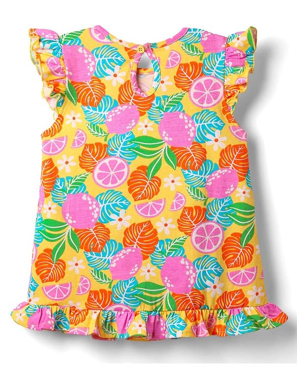 Babyhug Cotton Knit Sleevesless Nighty With Frill Detailing & Tropical Print - Yellow