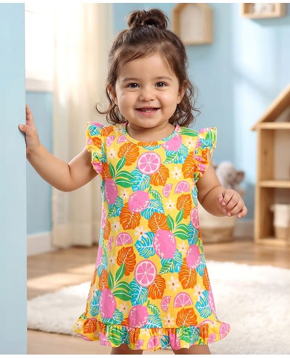 Babyhug Cotton Knit Sleevesless Nighty With Frill Detailing & Tropical Print - Yellow