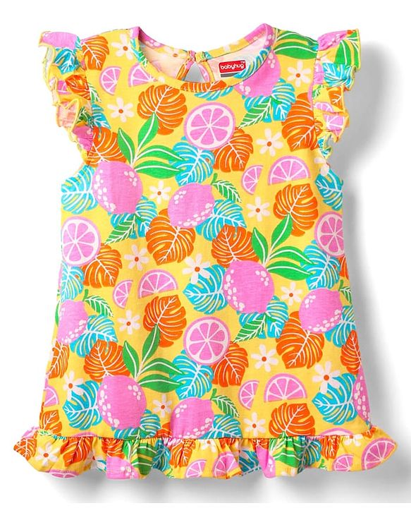 Babyhug Cotton Knit Sleevesless Nighty With Frill Detailing & Tropical Print - Yellow