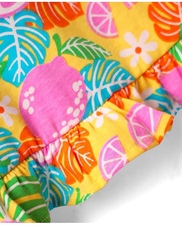 Babyhug 100% Cotton Knit Sleevesless Nighty With Frill Detailing & Tropical Print - Yellow