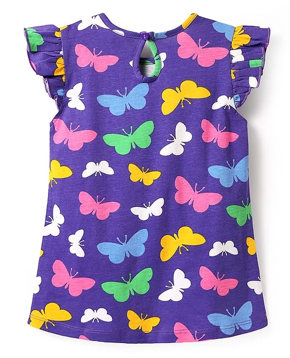 Babyhug Cotton Knit Frill Sleeves A Line Nighty with Butterfly Print - Purple
