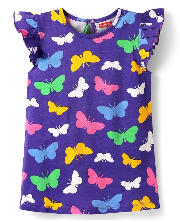 Babyhug Cotton Knit Frill Sleeves A Line Nighty with Butterfly Print - Purple