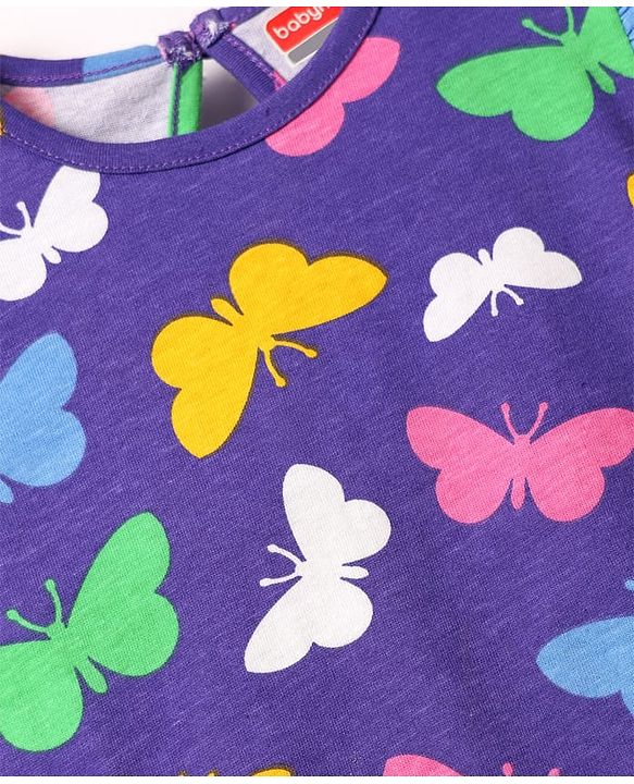 Babyhug Cotton Knit Frill Sleeves A Line Nighty with Butterfly Print - Purple