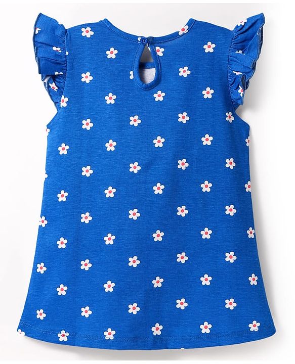 Babyhug Cotton Knit Frill Sleeves A Line Nighty with Floral Print - Blue