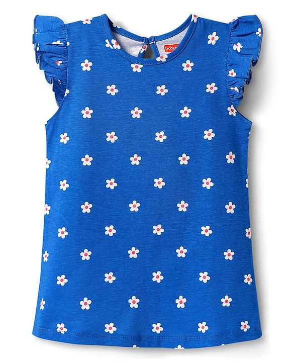 Babyhug Cotton Knit Frill Sleeves A Line Nighty with Floral Print - Blue