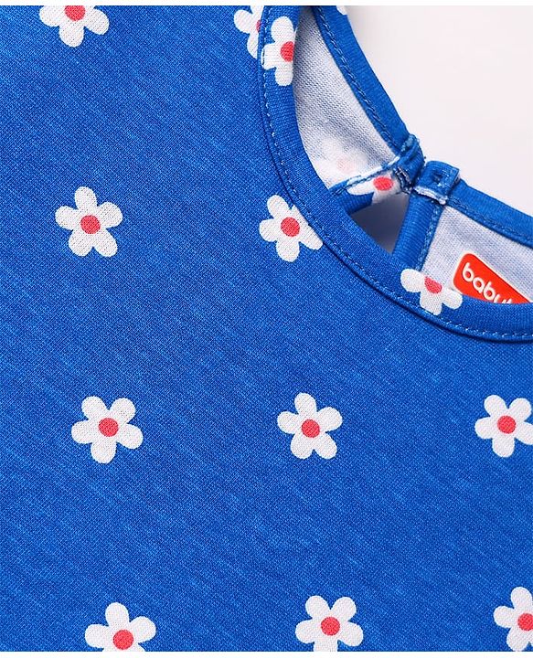 Babyhug Cotton Knit Frill Sleeves A Line Nighty with Floral Print - Blue