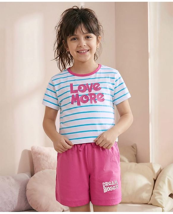 Pine Kids Single Jersey Knit Half Sleeves Striped Shorts Night Suit with Text Print - White & Dark Pink