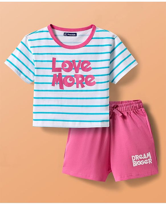 Pine Kids Single Jersey Knit Half Sleeves Striped Shorts Night Suit with Text Print - White & Dark Pink