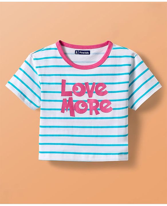 Pine Kids Single Jersey Knit Half Sleeves Striped Shorts Night Suit with Text Print - White & Dark Pink