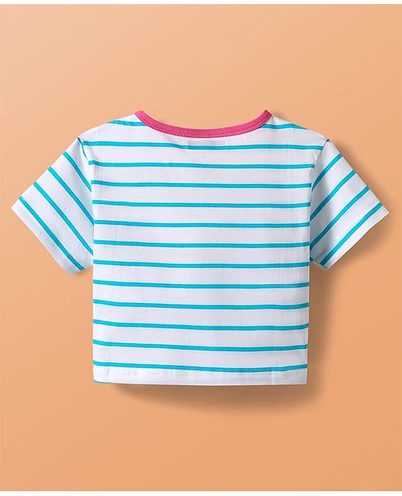 Pine Kids Single Jersey Knit Half Sleeves Striped Shorts Night Suit with Text Print - White & Dark Pink