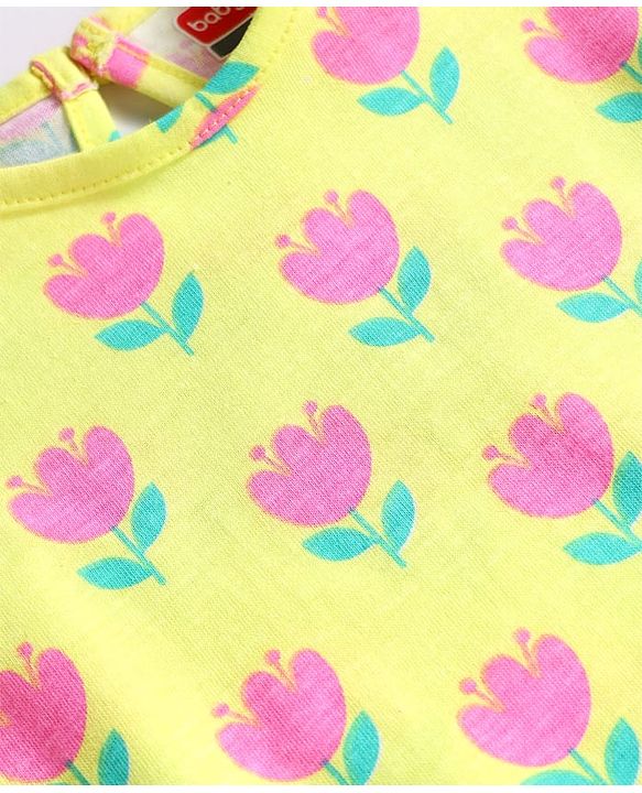 Babyhug Cotton Knit Frill Sleeves A Line Nighty with Floral Print - Yellow