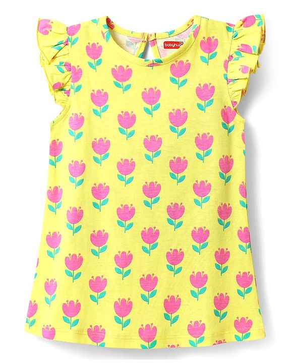 Babyhug Cotton Knit Frill Sleeves A Line Nighty with Floral Print - Yellow