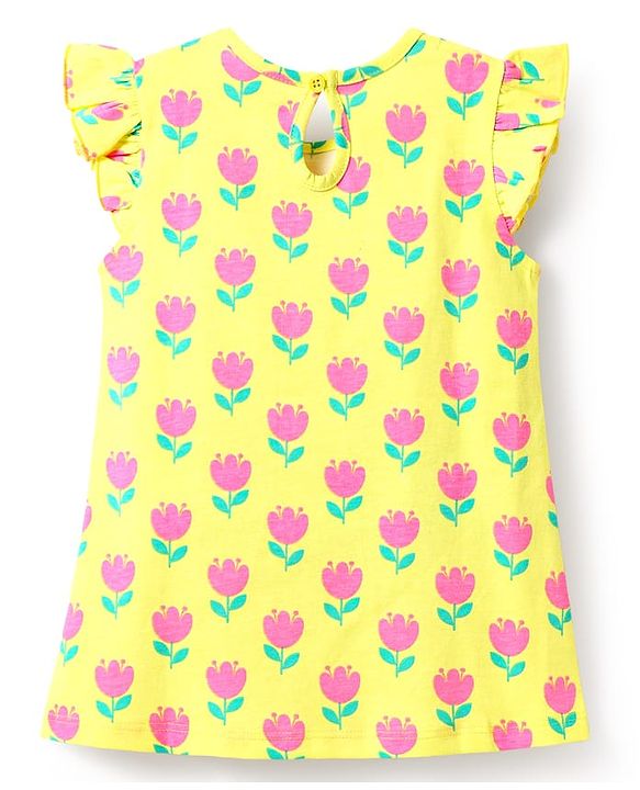 Babyhug Cotton Knit Frill Sleeves A Line Nighty with Floral Print - Yellow