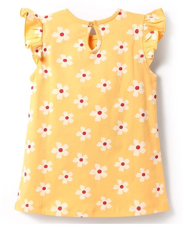 Babyhug Cotton Knit Frill Sleeves A Line Nighty with Floral Print - Yellow
