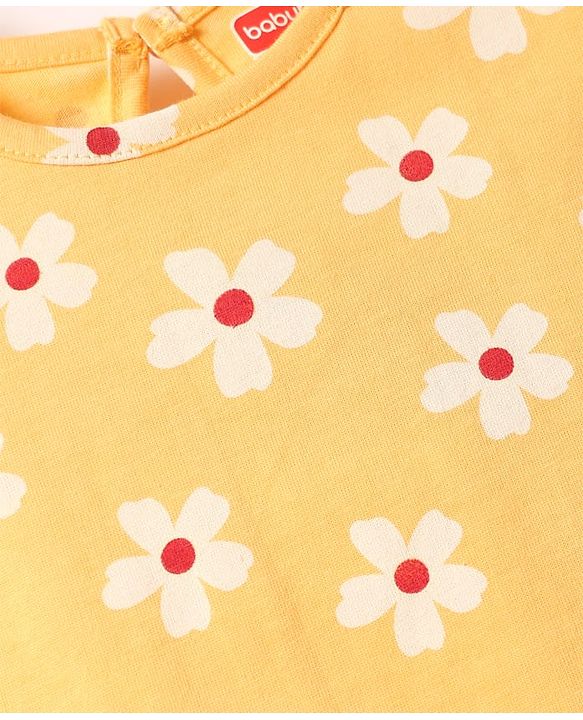 Babyhug Cotton Knit Frill Sleeves A Line Nighty with Floral Print - Yellow