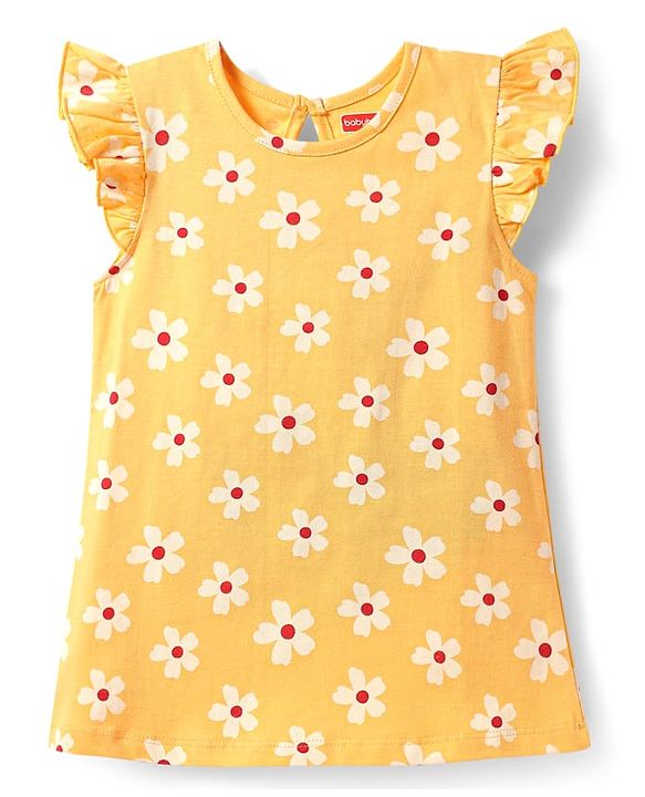 Babyhug Cotton Knit Frill Sleeves A Line Nighty with Floral Print - Yellow