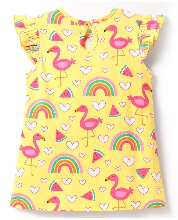 Babyhug Cotton Knit Flutter Sleeves A Line Nighty with Swan & Heart Print - Yellow